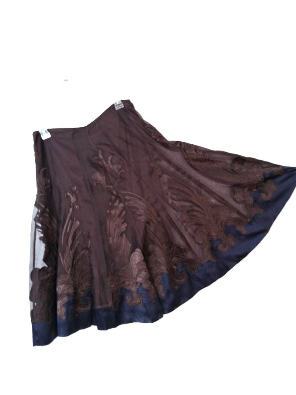 PETER NYGARD embroidered floral sheer silk organza midi skirt, chocolate (s. M)